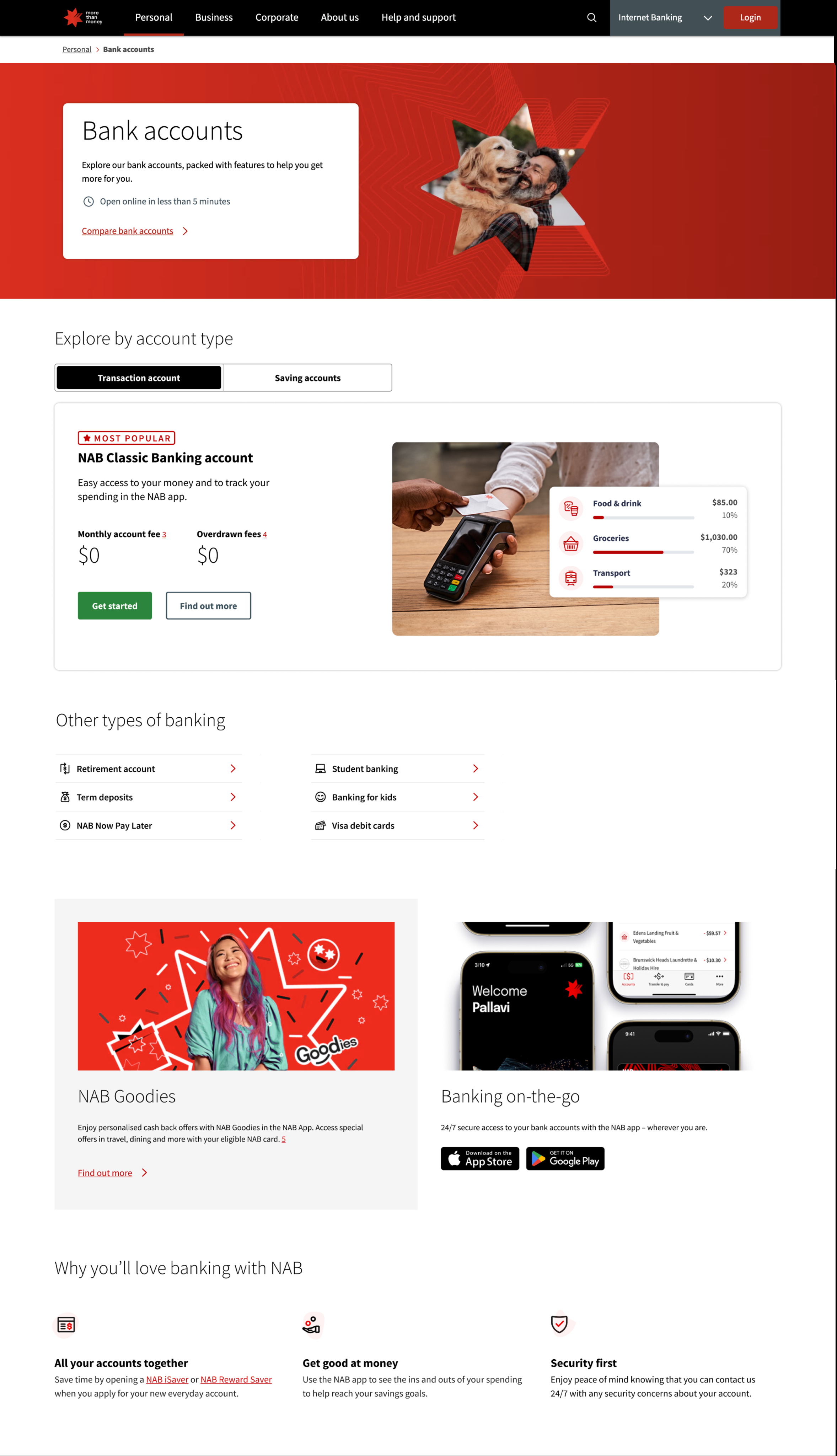 Redesigned NAB bank accounts page showing account-type tabs and the featured Classic Banking card.